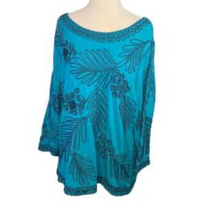 Once Again Plus 3/4 Sleeve Top Raised Designs Turquoise Blue 1X